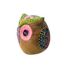 Load image into Gallery viewer, Hand-Painted Wooden Owl Figurine - Purple &amp; Pink Decorative Pattern