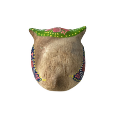 Load image into Gallery viewer, Hand-Painted Wooden Owl Figurine - Purple &amp; Pink Decorative Pattern