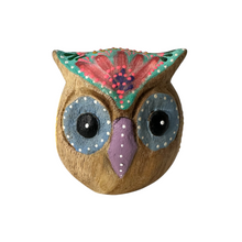 Load image into Gallery viewer, Hand-Painted Wooden Owl Figurine - Blue Floral &amp; Rustic Finish