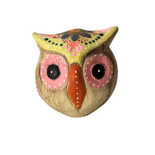 Load image into Gallery viewer, Hand-Painted Wooden Owl Figurine - Yellow &amp; Pink Artistic Design