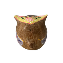 Load image into Gallery viewer, Hand-Painted Wooden Owl Figurine - Yellow &amp; Pink Artistic Design