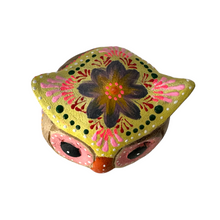 Load image into Gallery viewer, Hand-Painted Wooden Owl Figurine - Yellow &amp; Pink Artistic Design