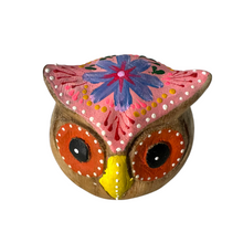 Load image into Gallery viewer, Hand-Painted Wooden Owl Figurine - Pink Blue &amp; Floral Patterns