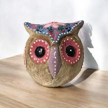 Load image into Gallery viewer, Hand-Painted Wooden Owl Figurine - Yellow &amp; Pink Detailed Carving