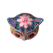 Load image into Gallery viewer, Hand-Painted Wooden Owl Figurine - Yellow &amp; Pink Detailed Carving