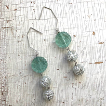 Load image into Gallery viewer, Seafoam Carved &amp; Silver Floral Hex Drop Earrings