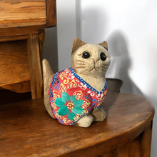Load image into Gallery viewer, Hand-Carved Wooden Cat Figurine with Hand-Painted Floral Design Red Version – Siam Ruby Cat