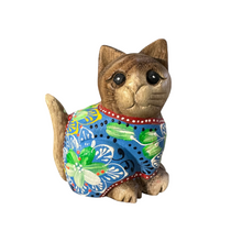 Load image into Gallery viewer, Hand-Carved Wooden Cat Figurine with Hand-Painted Floral Design Blue Version – Azure Blossom Cat