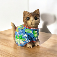 Load image into Gallery viewer, Hand-Carved Wooden Cat Figurine with Hand-Painted Floral Design Blue Version – Azure Blossom Cat
