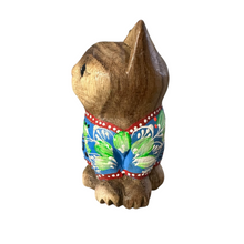 Load image into Gallery viewer, Hand-Carved Wooden Cat Figurine with Hand-Painted Floral Design Blue Version – Azure Blossom Cat
