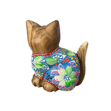 Load image into Gallery viewer, Hand-Carved Wooden Cat Figurine with Hand-Painted Floral Design Blue Version – Azure Blossom Cat