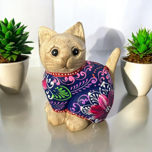 Load image into Gallery viewer, Hand-Carved Wooden Cat Figurine with Hand-Painted Floral Design Twilight Orchid Cat