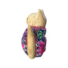 Load image into Gallery viewer, Hand-Carved Wooden Cat Figurine with Hand-Painted Floral Design Twilight Orchid Cat