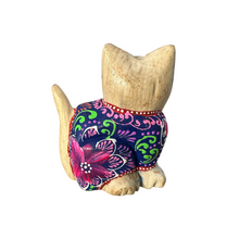 Load image into Gallery viewer, Hand-Carved Wooden Cat Figurine with Hand-Painted Floral Design Twilight Orchid Cat