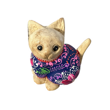 Load image into Gallery viewer, Hand-Carved Wooden Cat Figurine with Hand-Painted Floral Design Twilight Orchid Cat
