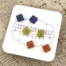 Load image into Gallery viewer, Blue Green &amp; Brown Frosted Minimalist Mod Square Stud Earrings Set