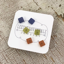 Load image into Gallery viewer, Blue Green &amp; Brown Frosted Minimalist Mod Square Stud Earrings Set
