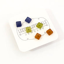 Load image into Gallery viewer, Blue Green &amp; Brown Frosted Minimalist Mod Square Stud Earrings Set