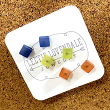 Load image into Gallery viewer, Blue Green &amp; Brown Frosted Minimalist Mod Square Stud Earrings Set