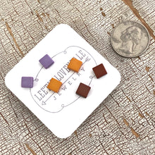 Load image into Gallery viewer, Purple Mustard &amp; Chocolate Minimalist Mod Square Stud Earrings Set