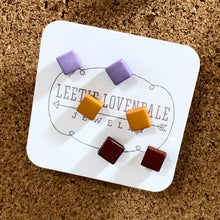 Load image into Gallery viewer, Purple Mustard &amp; Chocolate Minimalist Mod Square Stud Earrings Set