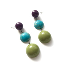 Load image into Gallery viewer, Eggplant Purple Turquoise &amp; Olive Green Tri Dot Drop Earrings