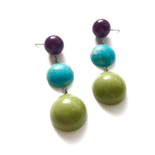 Load image into Gallery viewer, Eggplant Purple Turquoise &amp; Olive Green Tri Dot Drop Earrings