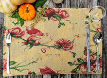 Load image into Gallery viewer, Tache Floral Red Roses Hummingbirds Golden Woven Tapestry Placemat Set (18115)