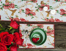 Load image into Gallery viewer, Tache Floral Red Roses Hummingbirds Ivory Woven Tapestry Table Runner (18109)