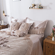 Load image into Gallery viewer, Tache Satin Floral Lace Ruffle Crème Beige Sweet Victorian Luxurious Comforter Set (MZ002C)