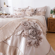 Load image into Gallery viewer, Tache Satin Floral Lace Ruffle Crème Beige Sweet Victorian Luxurious Comforter Set (MZ002C)