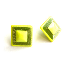 Load image into Gallery viewer, Neon Yellow Sparkle Square Stud Earrings