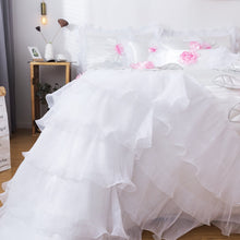 Load image into Gallery viewer, Tache Ruffle Floral Lace Satin White Pink Luxury Delicate Rose Comforter Set (MA125)