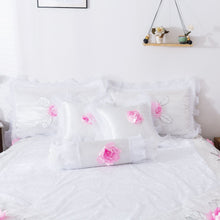 Load image into Gallery viewer, Tache Ruffle Floral Lace Satin White Pink Luxury Delicate Rose Comforter Set (MA125)