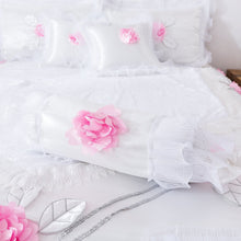 Load image into Gallery viewer, Tache Ruffle Floral Lace Satin White Pink Luxury Delicate Rose Comforter Set (MA125)