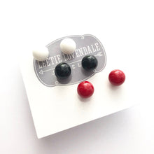 Load image into Gallery viewer, Red Black and White Stud Earring Set | 8mm Vintage Lucite Triple Studs Set