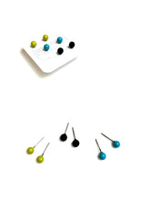 Load image into Gallery viewer, Chartreuse Black &amp; Turquoise Tiny Studs Earrings Set