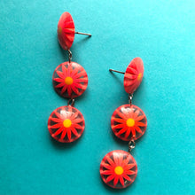 Load image into Gallery viewer, Orange Sunflower Burst Tri Dot Drop Earrings