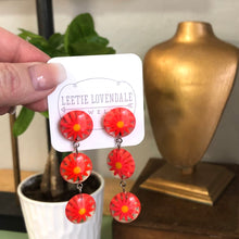 Load image into Gallery viewer, Orange Sunflower Burst Tri Dot Drop Earrings