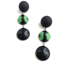 Load image into Gallery viewer, Black &amp; Kelly Green Batik Tri Dot Drop Earrings