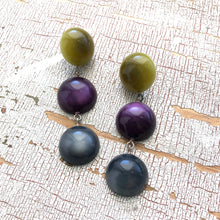 Load image into Gallery viewer, Olive Green Deep Purple &amp; Grey Moonglow Tri Dot Drop Earrings
