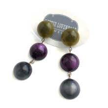 Load image into Gallery viewer, Olive Green Deep Purple &amp; Grey Moonglow Tri Dot Drop Earrings