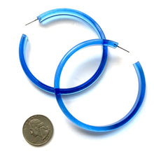 Load image into Gallery viewer, Aqua Blue Transparent Bangle 3 Inch Hoop Earrings