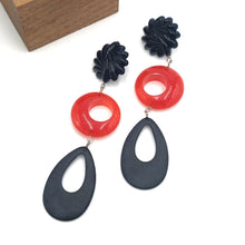 Load image into Gallery viewer, Black Carved &amp; Tomato Tri-Ring Statement Earrings
