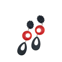 Load image into Gallery viewer, Black Carved &amp; Tomato Tri-Ring Statement Earrings