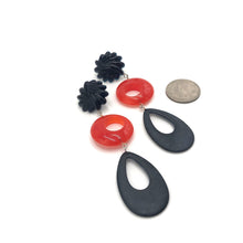 Load image into Gallery viewer, Black Carved &amp; Tomato Tri-Ring Statement Earrings