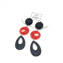 Load image into Gallery viewer, Black Carved &amp; Tomato Tri-Ring Statement Earrings