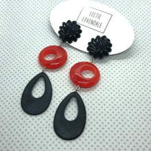 Load image into Gallery viewer, Black Carved &amp; Tomato Tri-Ring Statement Earrings