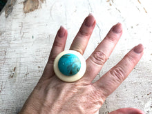 Load image into Gallery viewer, Cream &amp; Marbled Turquoise Layered Lucite Silver Cocktail Ring