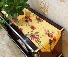 Load image into Gallery viewer, Tache Floral Red Roses Hummingbirds Golden Woven Tapestry Table Runner (18115)